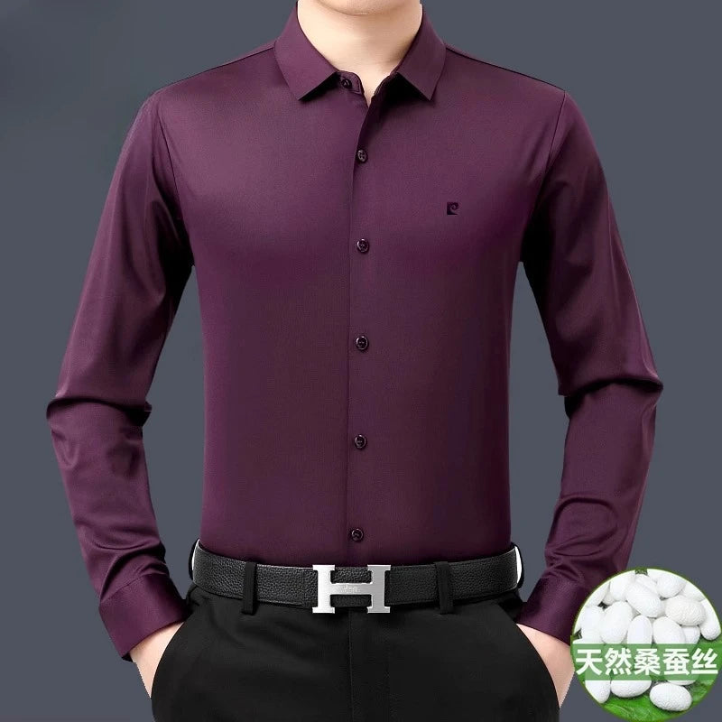 YOLANFAIRY 100% Mulberry Silk Long Sleeve Shirt Man Spring Autumn Casual Silk Mens Shirts Warm Male White Shirt chemises hommes
