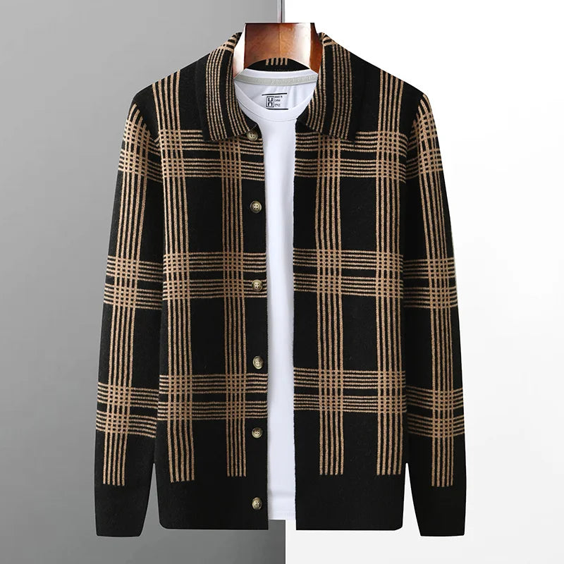 100% Merino Wool Men's Lapel Collar Knit Cardigan Coat 2025 Spring/ Autumn New POLO Neck Grid Suit Shirt Cashmere Jacket Sweater