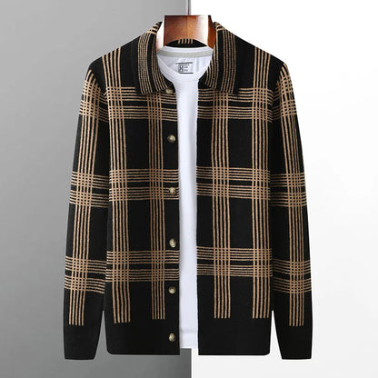 100% Merino Wool Men's Lapel Collar Knit Cardigan Coat 2025 Spring/ Autumn New POLO Neck Grid Suit Shirt Cashmere Jacket Sweater
