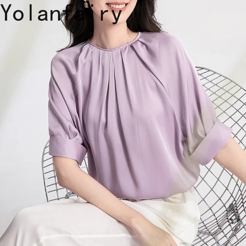 YOLANFAIRY 100% Real Mulberry Silk T Shirts for Women Summer 2026 Short Sleeve Tops O-neck Elegant Blouse Woman Tee Shirt Femme