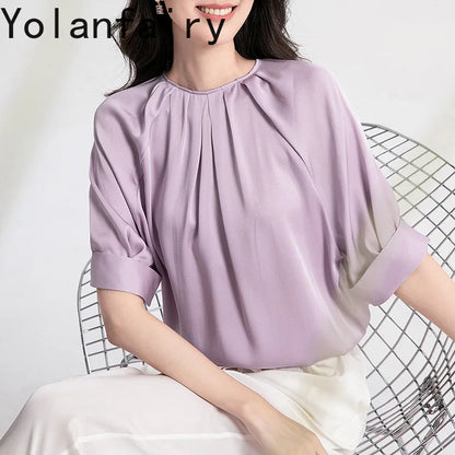 YOLANFAIRY 100% Real Mulberry Silk T Shirts for Women Summer 2026 Short Sleeve Tops O-neck Elegant Blouse Woman Tee Shirt Femme