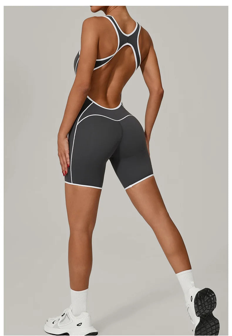 TRY TO BN Yoga Jumpsuit Sports Hollow Back Breathable Contrasting Color Bodysuit Fitness One Piece Set Running Gym Woman Clothes