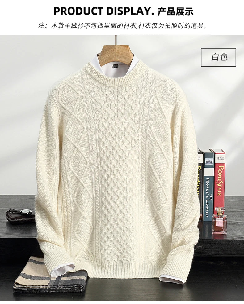 Men's 100% Cashmere Sweater Round Neck Autumn Winter Warm Clothing Jacquard Checkered Pullover Sweater Knitted Bottom Shirt Tops