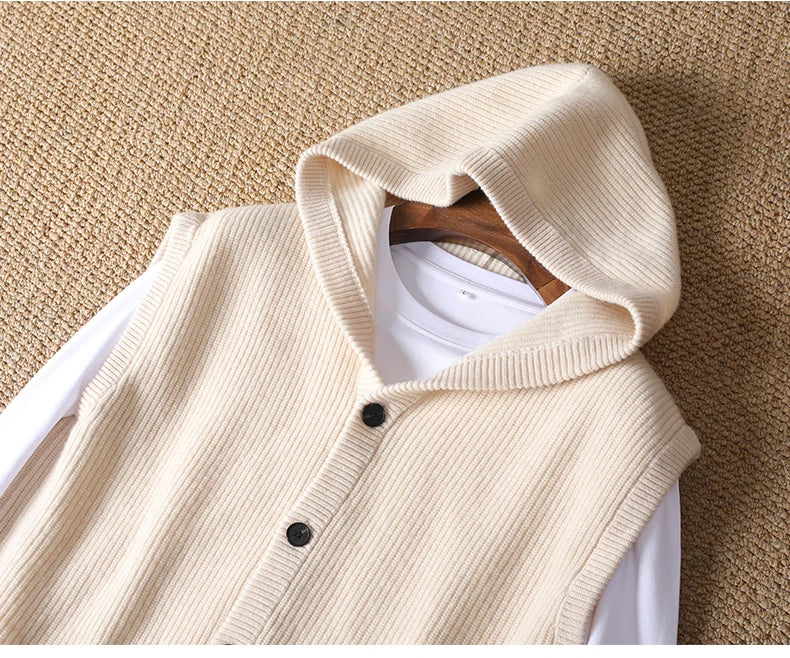 2025 Autumn/Winter Men's Vest 100% Merino Wool Knit Hooded Cardigan Casual Loose Sleeveless Solid Color Men's Cashmere Sweater