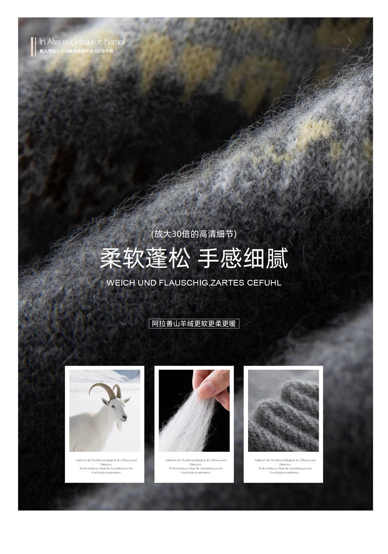 CHICUU Women Autumn Winter O-neck Vintage Style Pullover Sweater 100% Cashmere Knitwear Thick Warm Jacquard Knitting Sweater Top