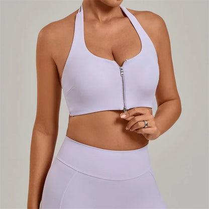 TRY TO BN Yoga Sports Bra Women's Zipper Halter Neck Naked Feeling Backless Underwear Fitness Tops Workout Running Gym Clothing