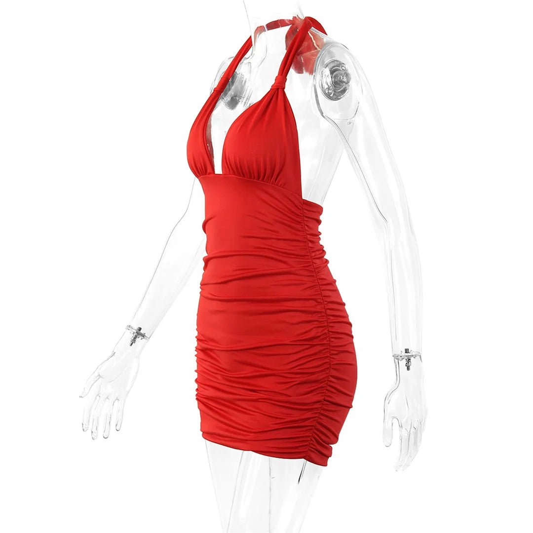 Sexy Deep V  Ruffle Halter Dress 2026 Summer Wrinkled Short Evening Party Dress For Women Tight Club Mini Dress Clubwear VD043