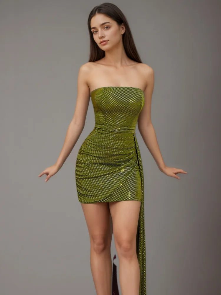 DEAT Fashion Sparkling Rhinestone Strapless Bodycon Dress Women's Slim Side Ribbon Green Mini Party Dresses New 7A3877