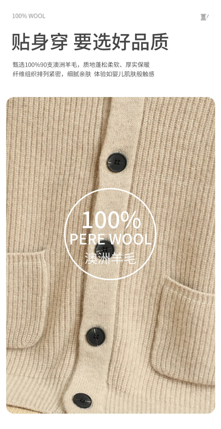 Men High Quality Polo Collar Cardigan Autumn Winter Thick Buttons 100% Merino Wool Sweater Smart Casual Coat Cashmere Knitwear