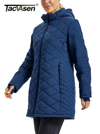 TACVASEN Womens Long Quilted Puffer Hood Jackets Winter Lightweight Warm Insulated Coat Windproof Waterproof Parkas with Pockets