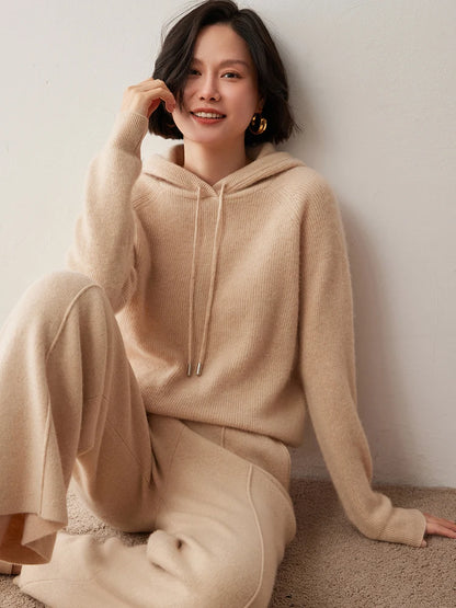 CHICUU Autumn Winter Women Hoodie Pullover Sweater 100% Cashmere Knitwear Soft Warm Casual Style Hooded Sweater Tops