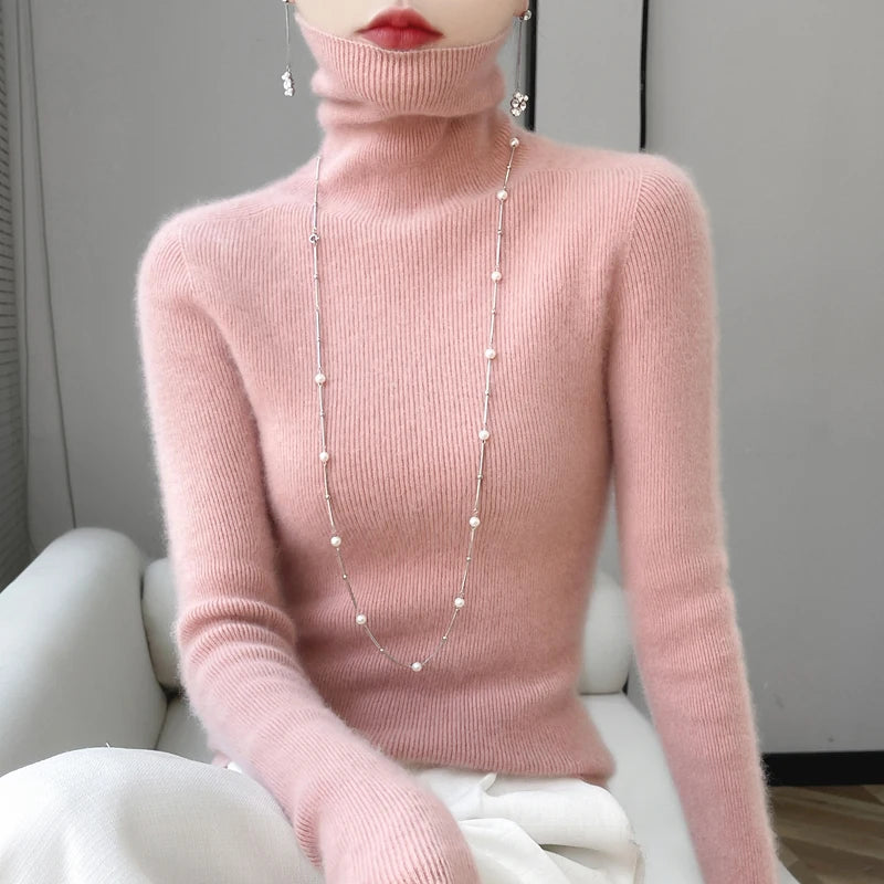 100% Merino Wool Long-sleeved Turtleneck Pullover Women's Autumn Winter Slim Sweater Basic Women's Clothes Cashmere Sweater