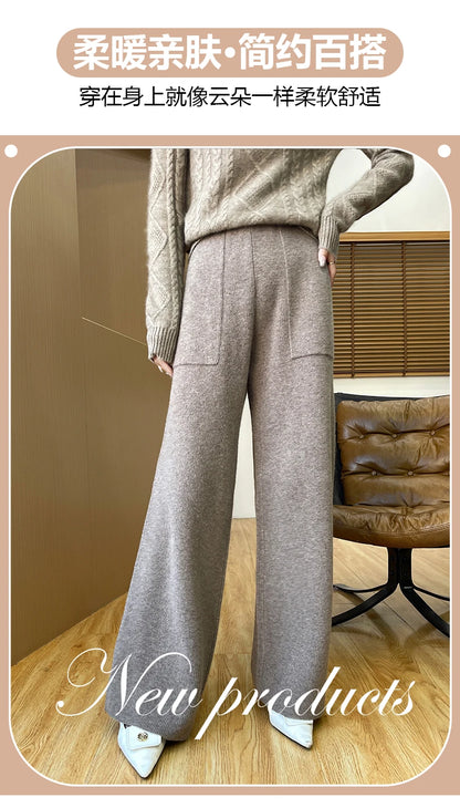 DjzDsm Women's Autumn Spring Knitted Floor-Length Wide Leg Pants 100% Merino Wool Long Trousers