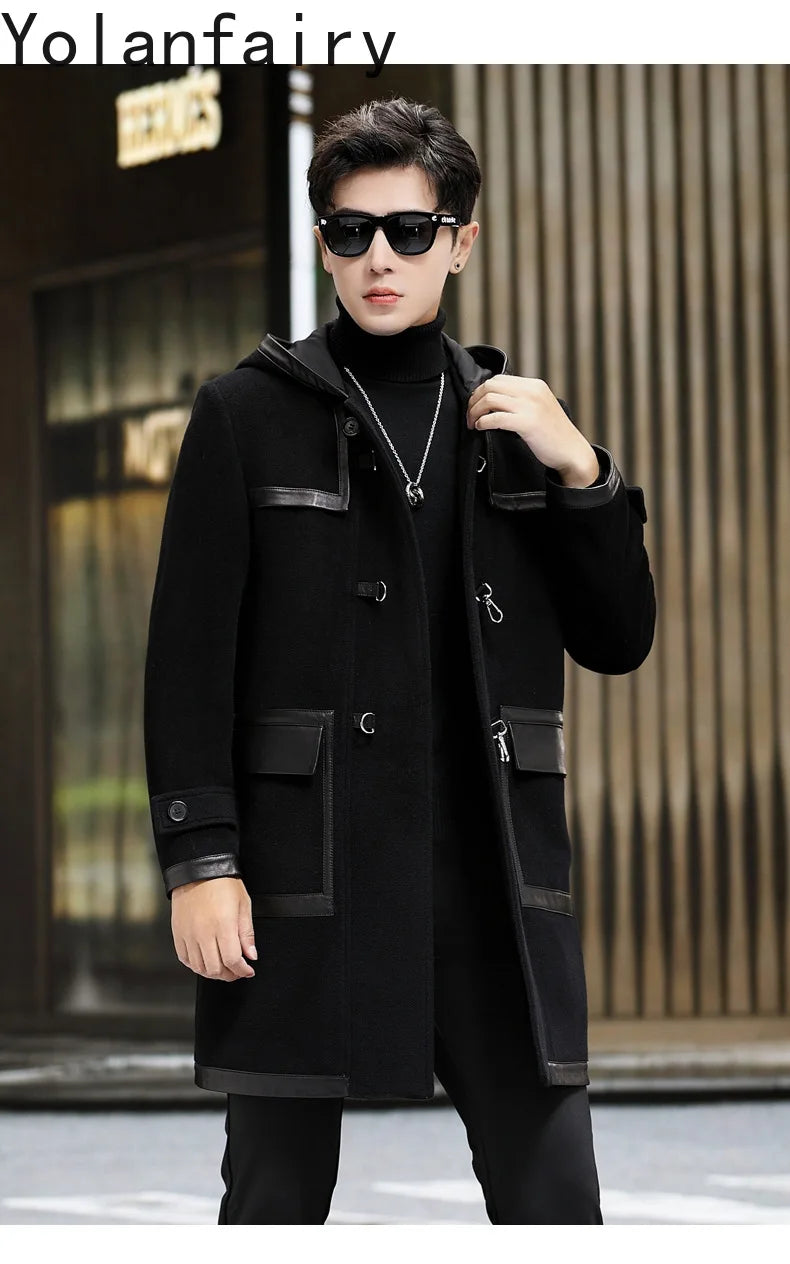 YOLANFAIRY Luxury Woolen Jackets for Man Autumn Winter Mid-length Pure Wool Patchwork Sheepskin Trench Coat Hooded Mens Jacket