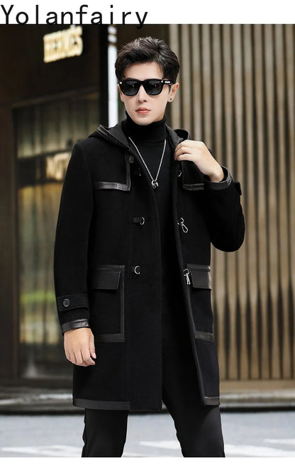 YOLANFAIRY Luxury Woolen Jackets for Man Autumn Winter Mid-length Pure Wool Patchwork Sheepskin Trench Coat Hooded Mens Jacket