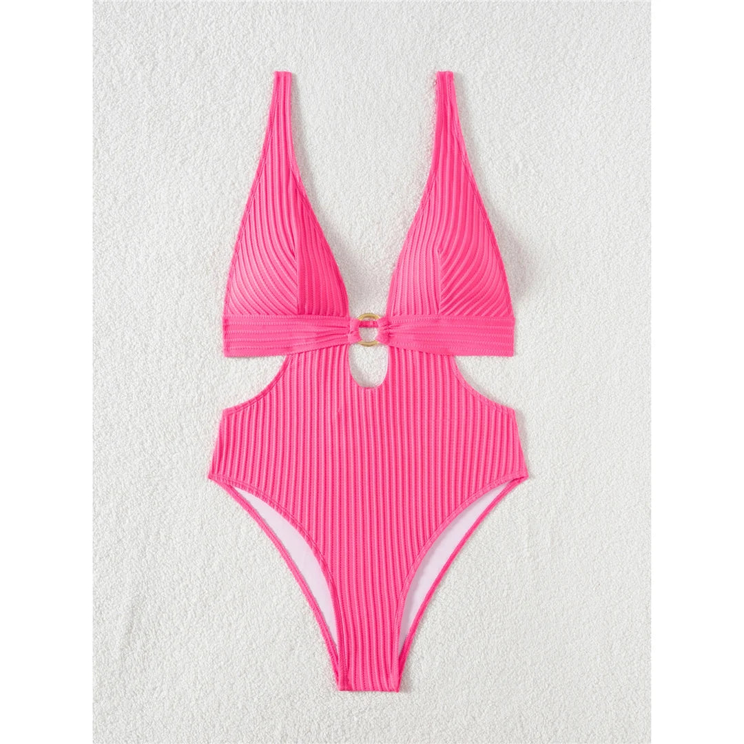 Sexy 8 Colors Deep V Neck Cut Out One Piece Swimsuit Women Swimwear Female High Leg Cut Monokini Bather Bathing Suit Swim V7177