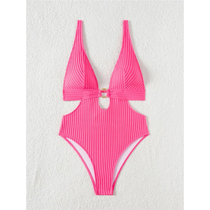 Sexy 8 Colors Deep V Neck Cut Out One Piece Swimsuit Women Swimwear Female High Leg Cut Monokini Bather Bathing Suit Swim V7177