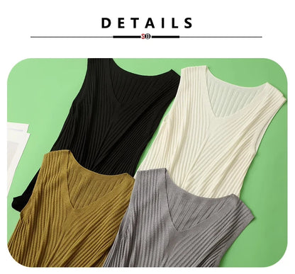 SuyaDream. Women Knitted Tanks, 45%Silk 55%Lyocell, V neck, Sleeveless Chic T Shirt, 2025 Solid Summer Vests