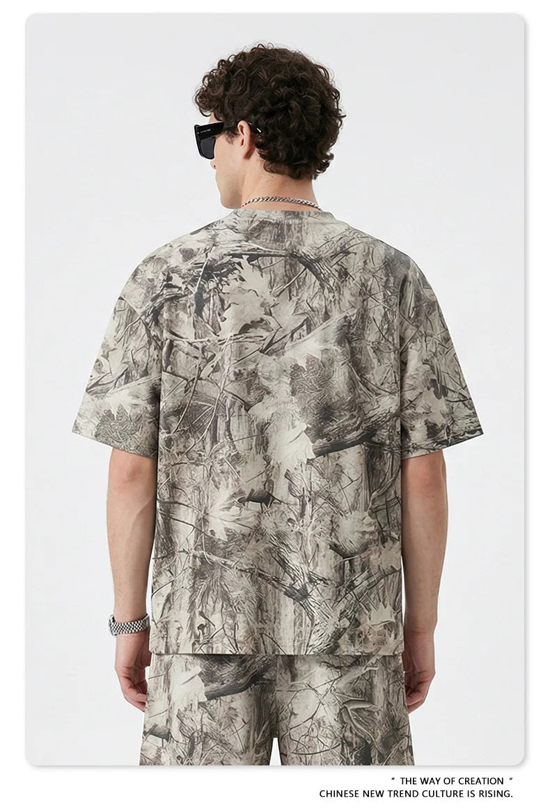 Custom LOGO men's summer camouflage splicing 240G quick-drying cotton polyester short-sleeved T-shirt loose sports shorts set