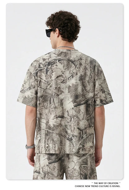 Custom LOGO men's summer camouflage splicing 240G quick-drying cotton polyester short-sleeved T-shirt loose sports shorts set