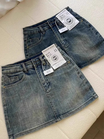 Sexy Retro Denim  Skirt Women's Anti-Light Versatile High Waist A-Line Slimming American Hot Girl Bodycon Half-length Ski...