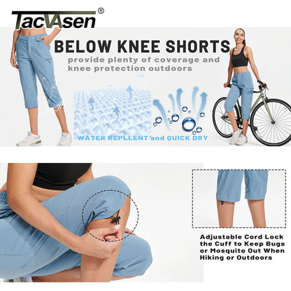 TACVASEN Summer Quick Dry Hiking Capri Shorts Womens Athletic Cargo Shorts 3/4 Below Knee Length Outdoor Riding Nylon Shorts