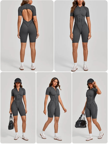 VITALINOVO Women Short Sleeve Workout Jumpsuit Backless Zip Up Romper Bottom Shorts Built-in Bra Bodysuit Bodycon Sexy One Piece