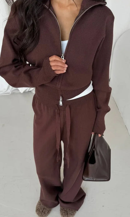 Women Cotton Knitted Cardigan Wide Leg Pants Suit Autumn and Winter Lady  Fashion Loose Daily Office Jacket Straight Pants 2Pcs