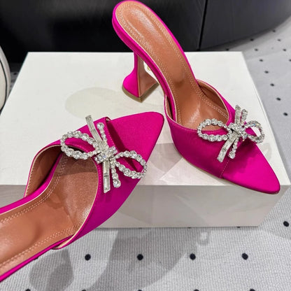 New Bow Rhinestone High-heeled Sandals Sexy Open-toed Fish Mouth Pointed Rear Empty Cool Slippers Women