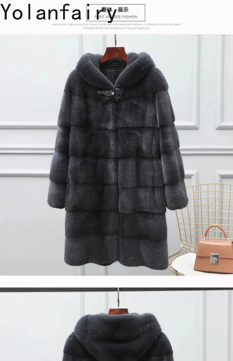 YOLANFAIRY Real Fur Coat Women Winter High Quality Mink Fur Jackets for Women Mid-length Natural Fur Coats Black Mink Jacket