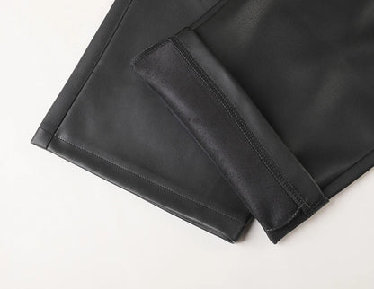 BIVIGAOS Fall Winter Fleece Loose Wide Leg Warm Leather Pants Women Button Pocket High Waist Thick PU Casual Straight Pants