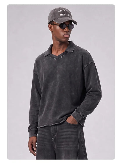 Custom LOGO men's clothing 380G old money wind 100% cotton BOXY short and wide washed old small V-neck curling terry sweater