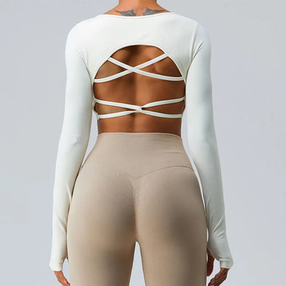 Sexy Women's Backless Shirt Seamless Crop Top Fitness Shirts Long Sleeve Gym Workout Sports Top Woman Front Yoga Tops Activewear