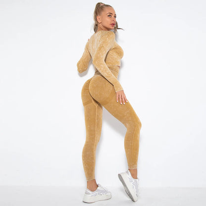 Women Seamless Tracksuit Yoga Set 2PCS Workout Clothes Athletic Wear Gym Legging Fitness Bra Crop Top Long Sleeve Sports Suits