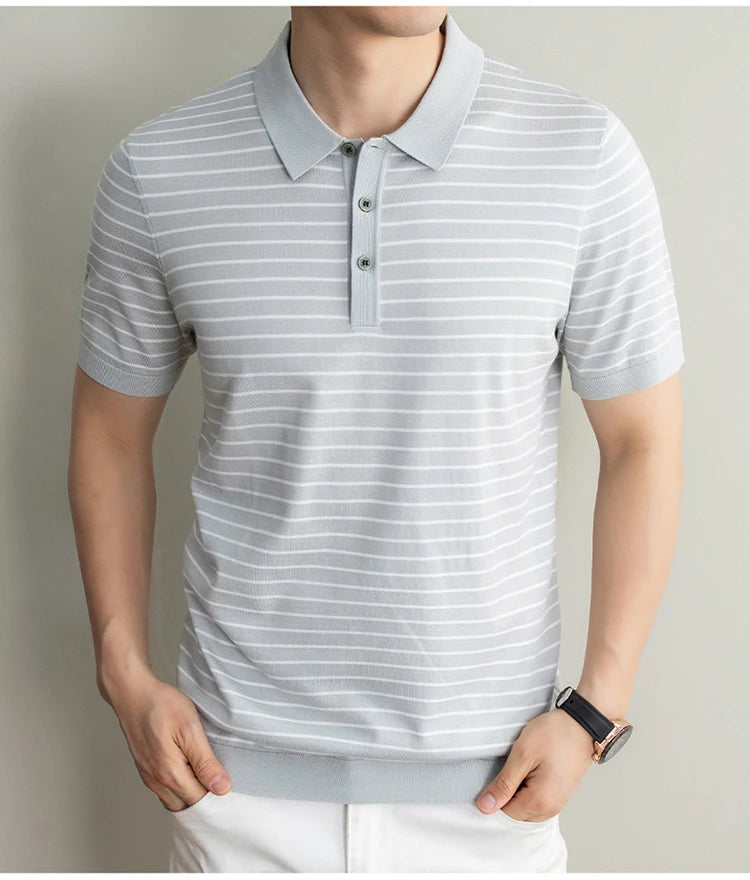Men's Lyocell shirt summer new casual striped short sleeved T-shirt Polo collar breathable comfortable knitted pullover
