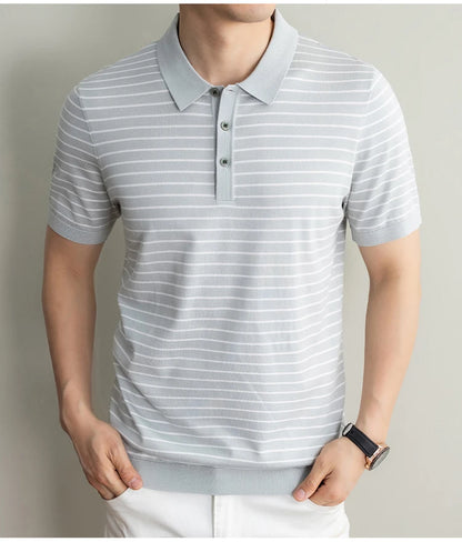 Men's Lyocell shirt summer new casual striped short sleeved T-shirt Polo collar breathable comfortable knitted pullover
