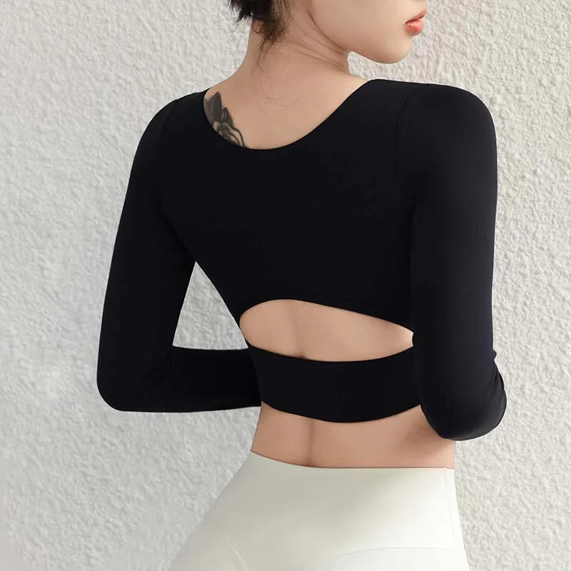 SOISOU Hollow Back Slim Fit Yoga Crop Top Women's Pilates Pullover Shockproof Sports Long Sleeve High Elastic Fitness T Shirt