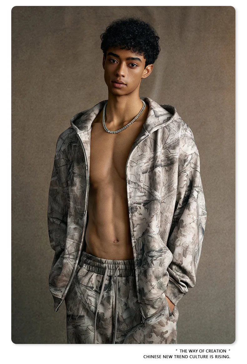 Custom LOGO men's new 340G heavy autumn and winter American camouflage fleece hooded sweatshirt jacket shorts set