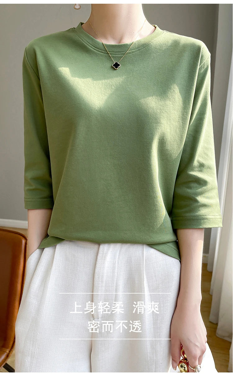 Spring And Summer New White Mercerized Cotton Short Sleeve T-Shirt Feminine Joker Cotton Cropped Sleeve Bottoming Shirt