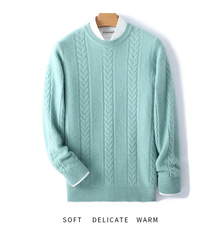 100% Merino Wool Sweater Men's Round Neck Thickened Tops Autumn Winter New Soft Warm Casual Solid Color Knitted Pullover