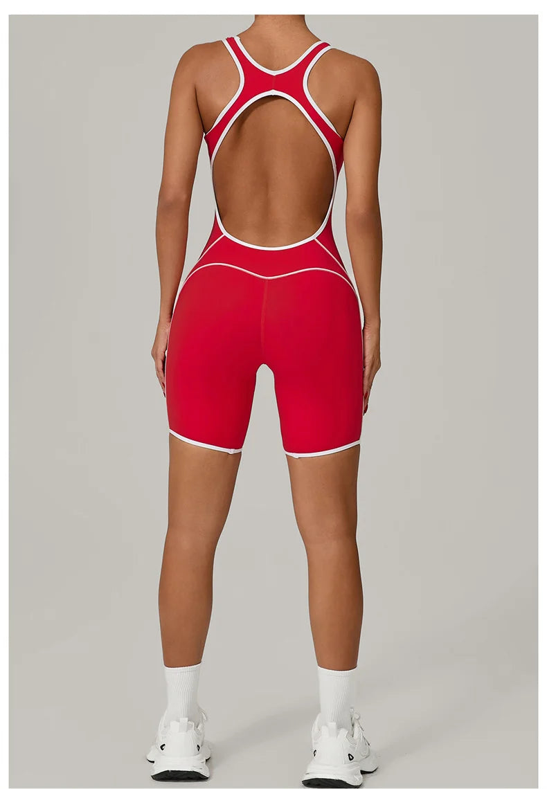 TRY TO BN Yoga Jumpsuit Sports Hollow Back Breathable Contrasting Color Bodysuit Fitness One Piece Set Running Gym Woman Clothes
