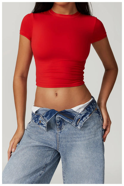 Women Solid Yoga Short Sleeve Breathable Sport T-Shirt Elastic Fitness Yoga Top Gym Shirts Female Casual Running Workout Clothes