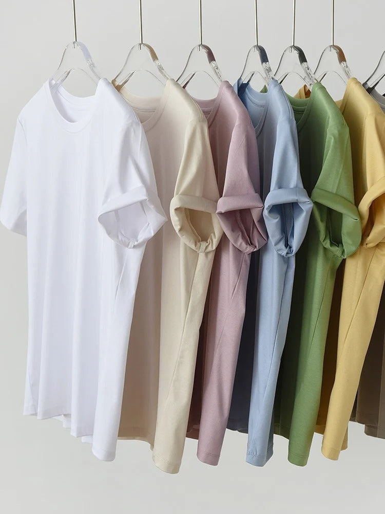 SuyaDream,Women Solid T shirts, 10%Silk 58%Cotton, V Neck, Short Sleeved Tee, 2025 Summer Candy Colors Basic Cozy Top