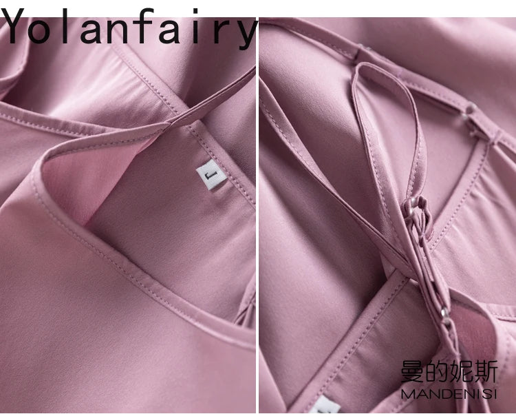 YOLANFAIRY 19momme 93% Mulberry Silk Spaghetti Strap Dress for Women Elegant Mid-length Sexy Real Silk Summer Dresses Woman 원피스