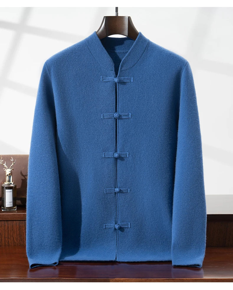 100%Pure Wool Chinese style buckle Cardigan Men Sweater Casual Comfort Knitted Long Sleeve Men's Wool Sweater Spring Autumn Coat