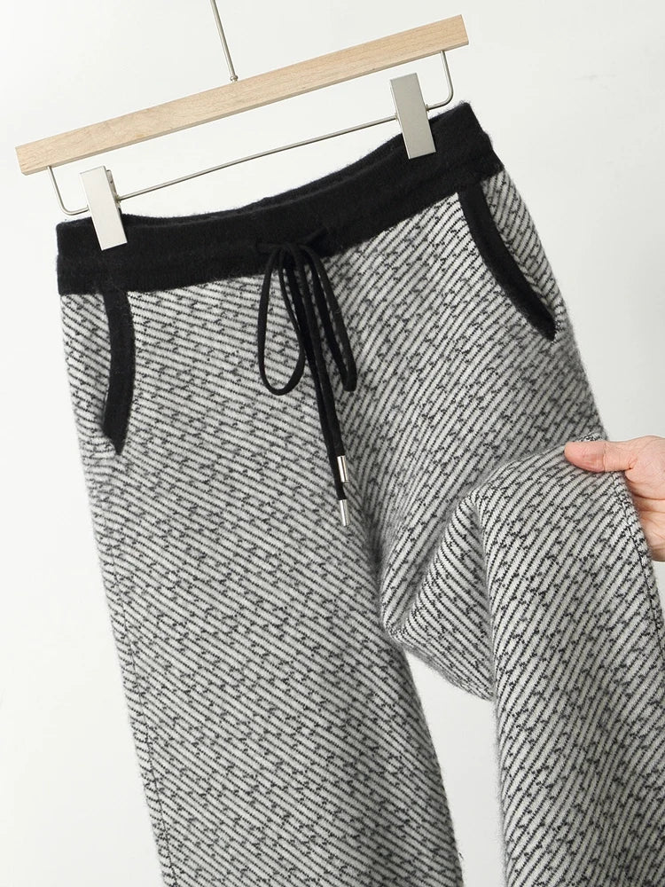 Soft 100% Merino Wool Straight-leg Pants For Men Jacquard Warm Knitted Pants Autumn Winter Thick Bottom Wear