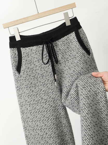 Soft 100% Merino Wool Straight-leg Pants For Men Jacquard Warm Knitted Pants Autumn Winter Thick Bottom Wear