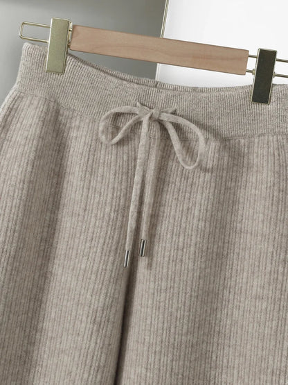 CHICUU Women Thick Wide Leg Pants 100% Merino Wool Knitted Trousers Autumn Winter Striped Jacquard Cashmere Pants Simple Style