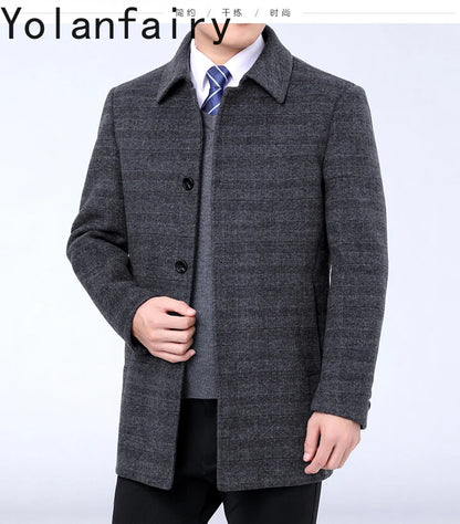 YOLANFAIRY 100% Cashmere Jacket for Men 2025 Autumn Winter Mid-length Wool Coats Man Clothing Casual Business Men's Woolen Coat