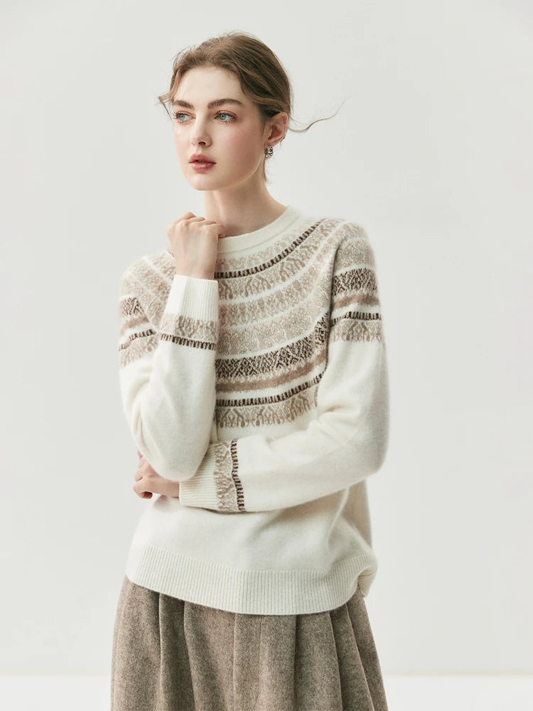 CHICUU Women Autumn Winter O-neck Vintage Style Pullover Sweater 100% Cashmere Knitwear Thick Warm Jacquard Knitting Sweater Top
